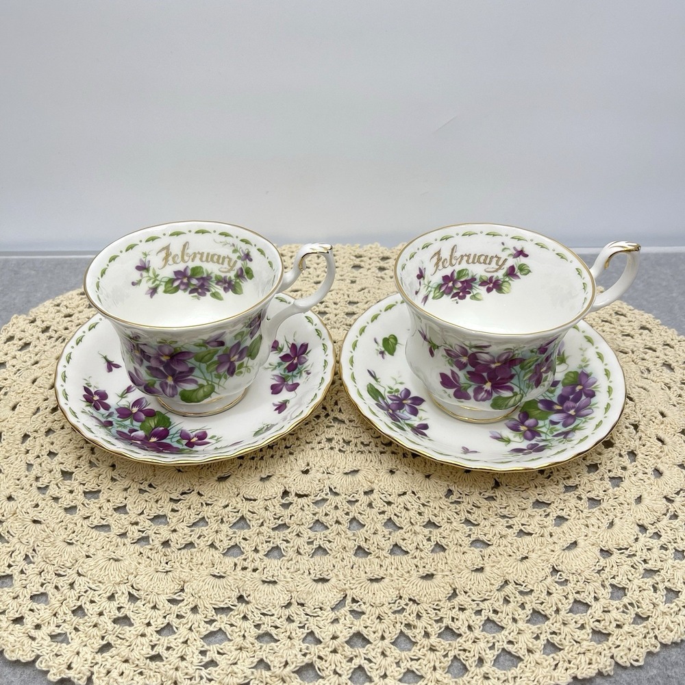 Royal Albert Flower Of The Month February Tea Cup & Saucer Gold Gilding Set Of 4